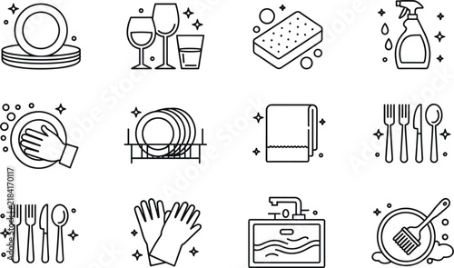 Dishwashing Icons Set On White Background 