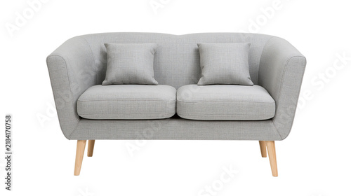 Konstfotografi Isolated light grey two-seater sofa with pillows and wooden legs, modern upholst