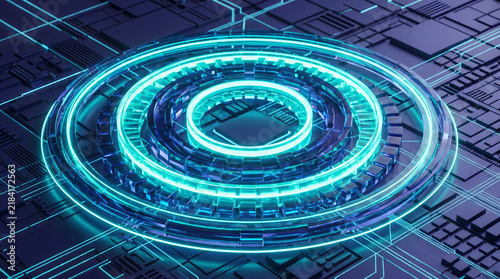 Optical network infrastructure with circular light patterns on a digital circuit board background