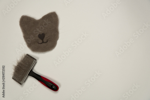 Cat grooming with brush and collected fur and hair