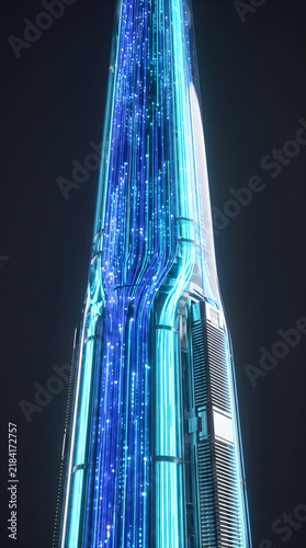 Optical network data center tower with illuminated fiber optic cables in a futuristic urban setting
