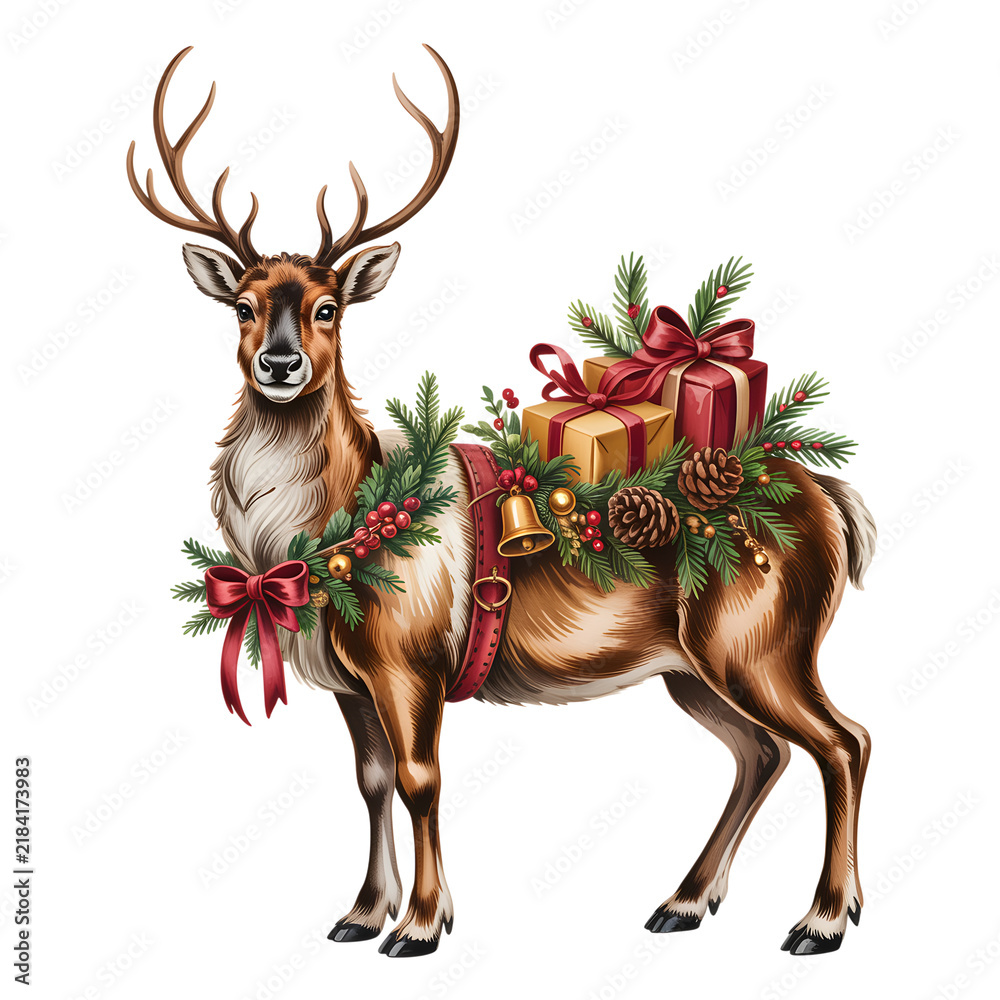Obraz premium Festive Christmas reindeer with gifts, pine garland and red bow