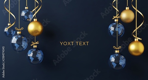 Colorful hanging holiday ornaments with golden baubles and blue flowers on black background