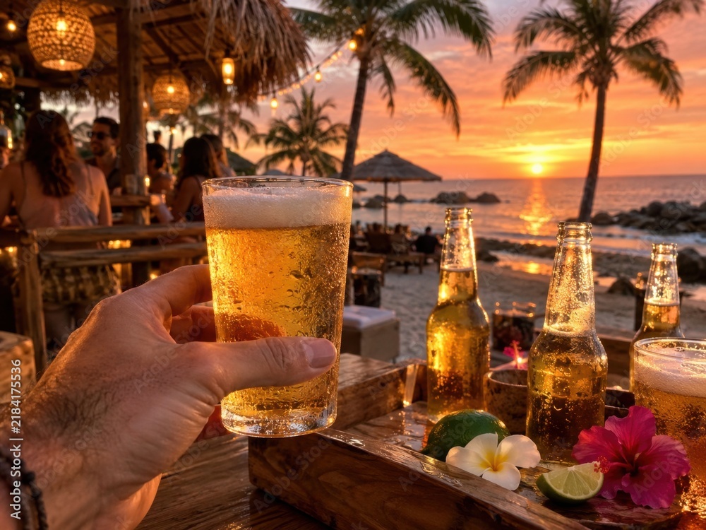 Obraz premium Hand hält ein eiskaltes Bier vor einer tropischen Strandbar bei leuchtendem Sonnenuntergang – sommerliche Urlaubsstimmung mit Palmen, Meer und erfrischendem Genuss.