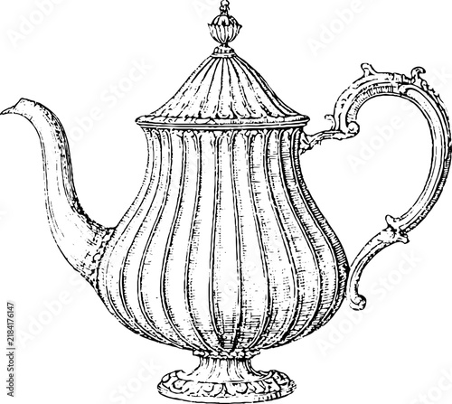 Antique engraving of a coffee pot drawing with ornate handle and spout isolated on white for vintage label background and packaging design