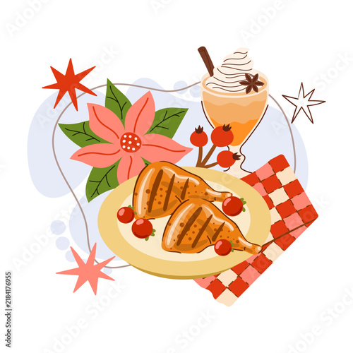 Festive Christmas dinner illustration with grilled chicken legs on a plate, a holiday latte drink with whipped cream, a red poinsettia flower, rosehips, and stars on a white background.