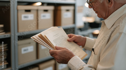 Close-up of weathered hands belonging to a senior records clerk methodically separating yellowed historical documents into preservation sleeves, archival boxes labeled by decade