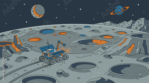 Foto Space exploration rover on a cratered alien planet surface, with a ringed planet