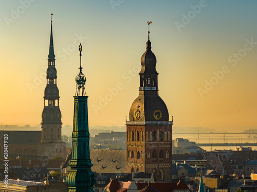 Aerial panoramic view of Old Riga during sunrise in summer
