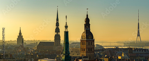 Aerial panoramic view of Old Riga during sunrise in summer