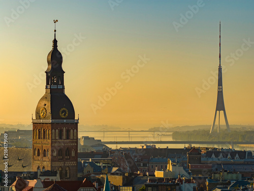 Aerial panoramic view of Old Riga during sunrise in summer