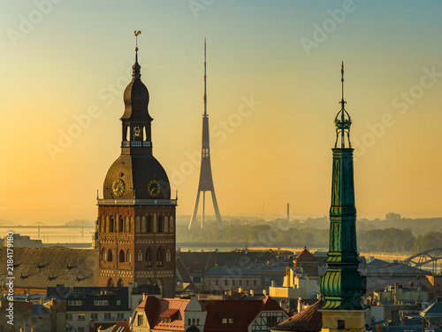 Aerial panoramic view of Old Riga during sunrise in summer
