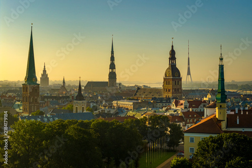 Aerial panoramic view of Old Riga during sunrise in summer