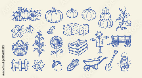 Set of handdrawn autumn farm and harvest illustrations, pumpkins, corn, scarecrow, and gardening tools for seasonal fall design