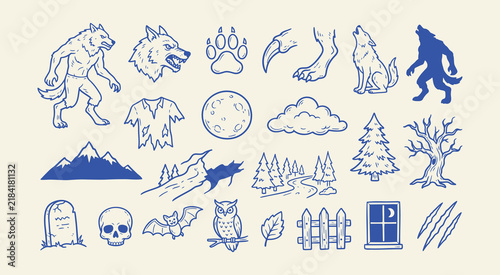 Set of hand drawn werewolf and forest elements, doodle style illustrations of wolf, moon, mountains, trees, spooky landscape, and horror symbols