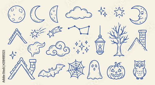 Set of handdrawn halloween and night sky doodle elements including moons, stars, ghosts, pumpkins, bats, and spider webs