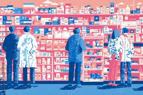 Pharmacy concept illustration. Limited palette illustration in pink, blue and cream showing five figures from behind, two in white coats, standing in front of shelves packed with boxes and bottles.