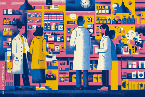 Detailed illustration in pink, yellow and blue of a pharmacy interior, with figures in white coats facing customers across a counter and shelves of boxes and bottles behind them.
