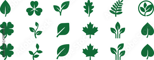Leaf sprout icon set with green plant, herb, and nature symbols for organic, vegan, and eco-friendly design
