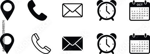 Contact information icon set with phone, email, location, clock, and calendar symbols for web design