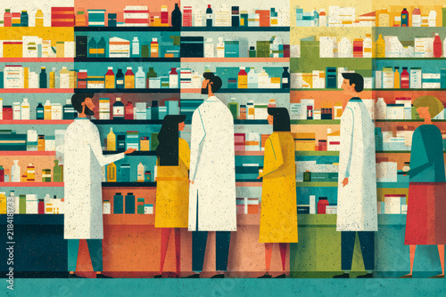 Flat illustration in teal, yellow and coral showing six figures, three in white coats, standing along a wall of shelves densely filled with bottles, boxes and jars.