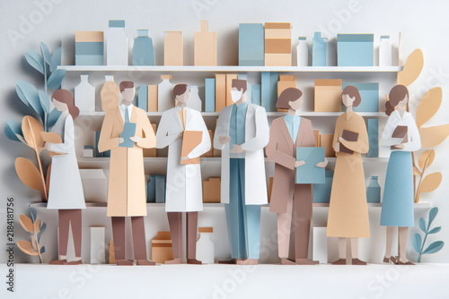 Layered paper craft illustration of seven figures holding folders in front of shelves of bottles and boxes, with a doctor in a white coat and face mask at the center.