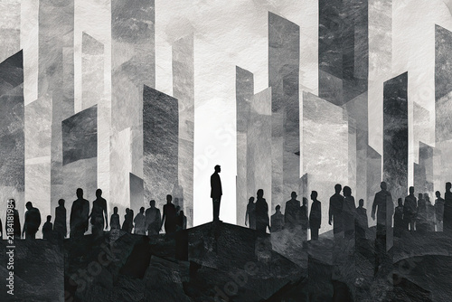 Monochrome illustration of a suited figure standing on raised ground above a crowd of silhouettes, with layered, overlapping skyscraper shapes filling the background.