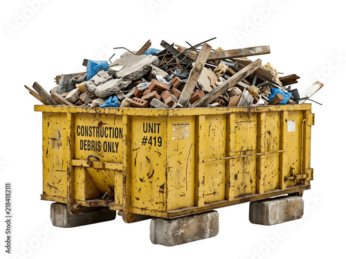 Yellow construction debris dumpster isolated on transparent background