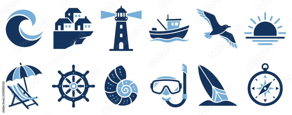 Fototapeta premium Summer vacation icons set. Beach and sea travel concept. Includes ocean wave, coastal village, lighthouse, fishing boat, seagull, sunset, beach chair, ship wheel, seashell, snorkel mask,
