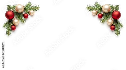 Festive christmas corner arrangements with red ornaments and evergreen branches on white
