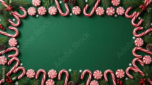 Festive christmas border with candy canes and evergreen branches on a green background