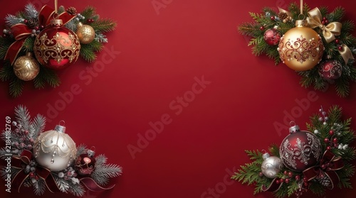 Festive christmas decorations with ornaments and greenery on a rich red background