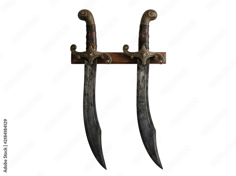 Obraz premium Two ornate antique curved swords mounted on a wooden wall display rack isolated on transparent background