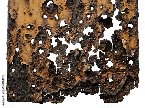 A heavily corroded and rusted metal plate with peeling paint isolated on transparent background