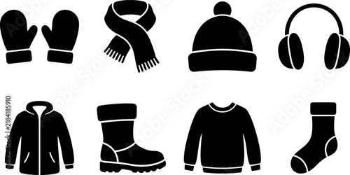 Set of black winter clothing icons for merry christmas holiday season design elements on white background