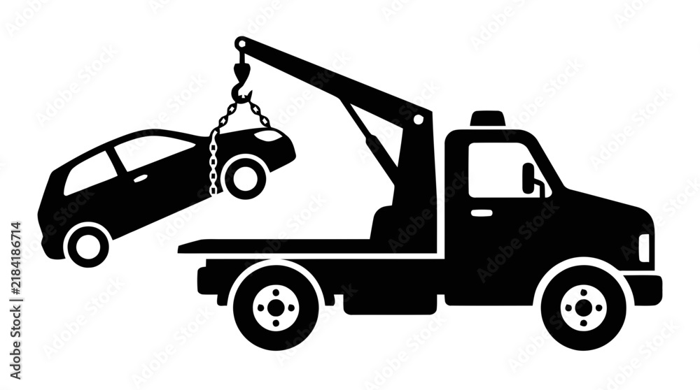 Fototapeta premium Vector illustration of tow truck icon with car on a transparent background