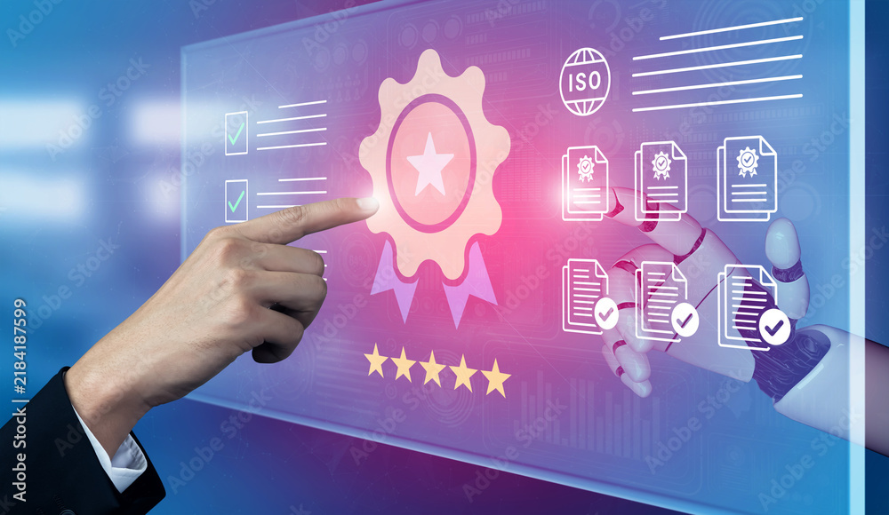 Obraz premium A visual representation of quality assurance integrating human expertise with robotic assistance, highlighting the importance of certification standards in modern business practices. Cyphers