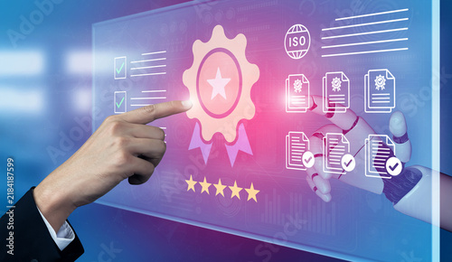 Принти на полотні A visual representation of quality assurance integrating human expertise with robotic assistance, highlighting the importance of certification standards in modern business practices