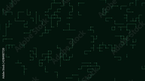 Digital circuit board pattern with green glowing lines and nodes on a dark background, representing data flow, and network connectivity systems