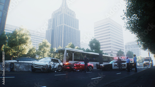 Car Accident on Busy City Street with Police Inspecting the Scene. 3d rendering.