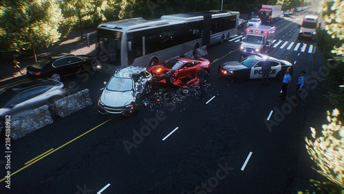 Car Accident on Busy City Street with Police Inspecting the Scene. 3d rendering.