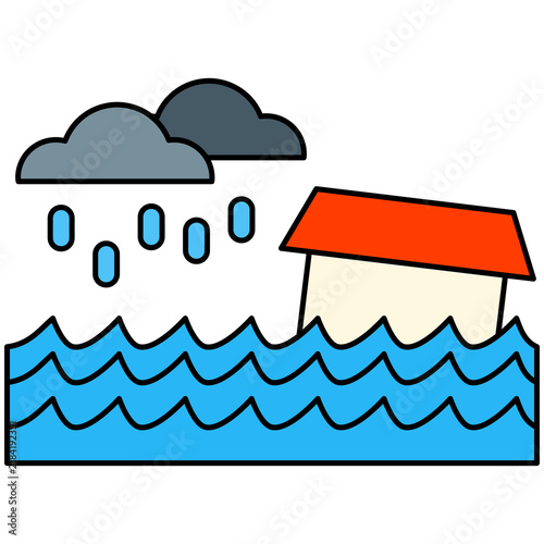 Fotografie Flat style icon illustration of submerged residential house during severe heavy rain flood isolated on transparent background