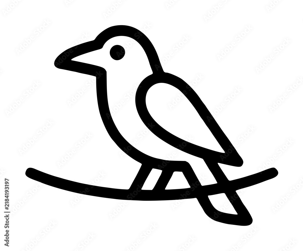 Fototapeta premium Minimalist black and white vector icon of a crow perched on a curved wire, elegant line art illustration with bold outline, modern bird silhouette perfect for nature and wildlife design concepts