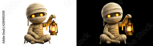 Obraz na plátně cute sitting mummy character holding glowing lantern with wrapped bandage body o