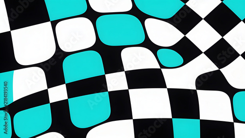 An abstract checkered pattern with a wavy distortion, featuring black, white, and cyan squares. The design creates a dynamic and optical illusion effect, evoking a sense of motion and depth