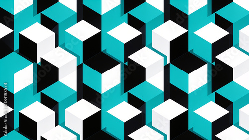 Abstract geometric pattern with repeating cubes in teal, white, and black