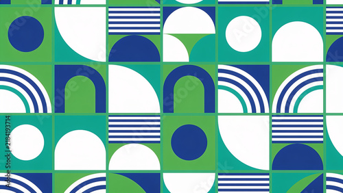 Abstract geometric pattern with blue, green, and white shapes. Repeating squares with semicircles, circles, arcs, and striped elements create a modern and clean design