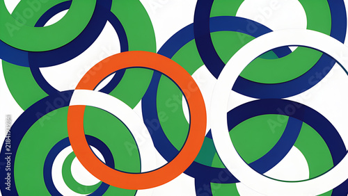 Abstract composition of overlapping rings in various colors like green, blue, white, and orange, creating a dynamic and modern visual