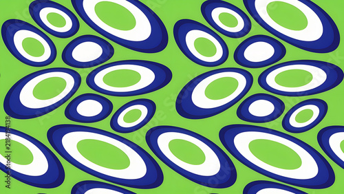 An abstract pattern of blue, white, and green oval shapes scattered across a bright green background. The shapes vary in size and overlap each other, creating a dynamic and modern design