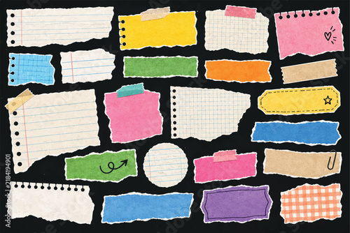 Torn Paper Notebook Sticker Set with Retro Scrapbook Labels, Hand drawn Y2K paper notebook rip sticker tape with cut tear texture note